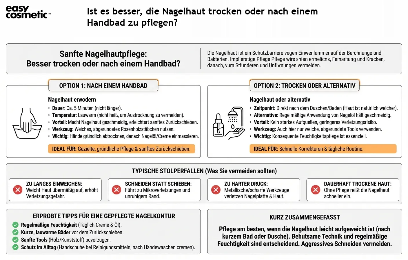 Ist es besser, die Nagelhaut trocken oder nach einem Handbad zu pflegen?