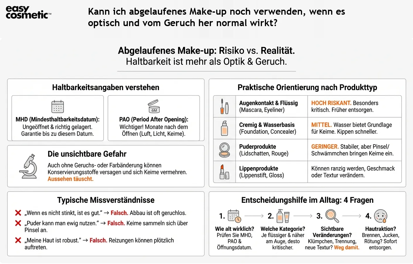 Kann ich abgelaufenes Make-up noch verwenden, wenn es optisch und vom Geruch her normal wirkt?