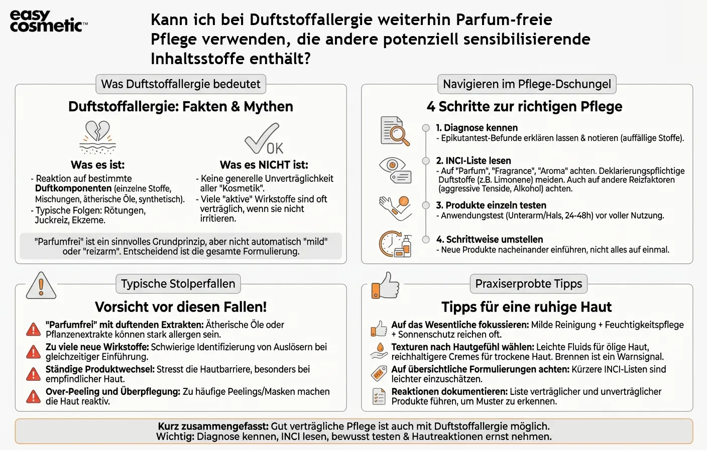 Kann ich bei Duftstoffallergie weiterhin Parfum-freie Pflege verwenden, die andere potenziell sensibilisierende Inhaltsstoffe enthält?