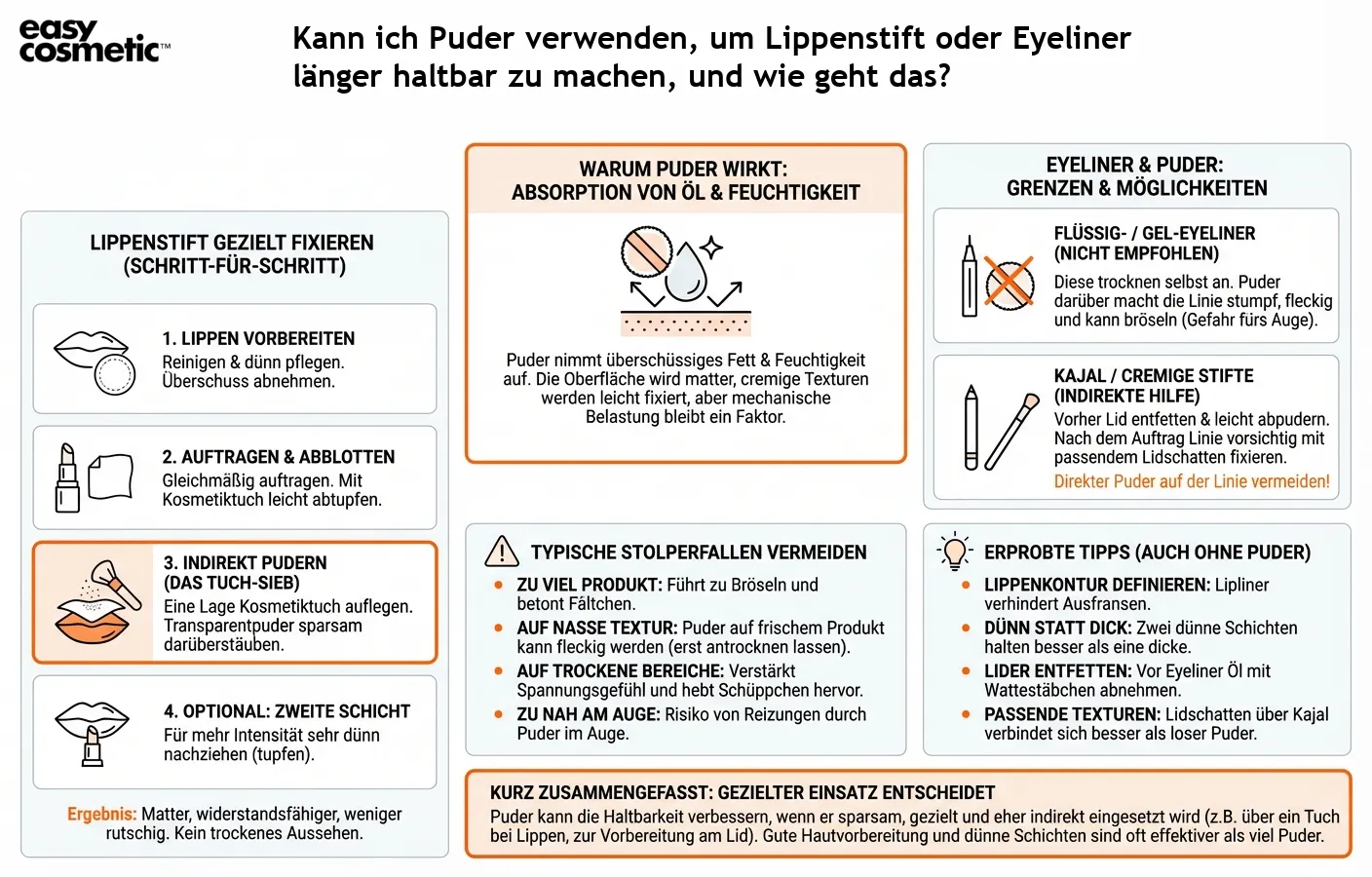 Kann ich Puder verwenden, um Lippenstift oder Eyeliner länger haltbar zu machen, und wie geht das?
