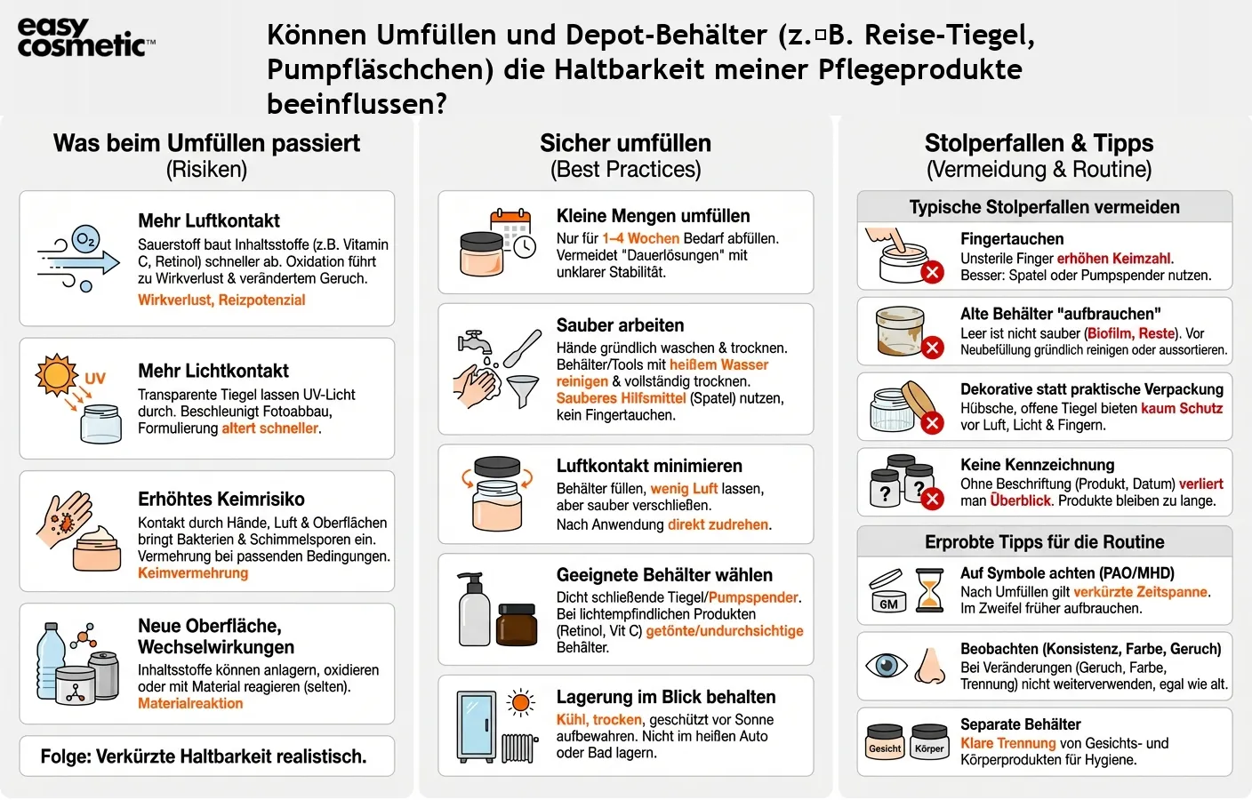 Können Umfüllen und Depot-Behälter (z. B. Reise-Tiegel, Pumpfläschchen) die Haltbarkeit meiner Pflegeprodukte beeinflussen?