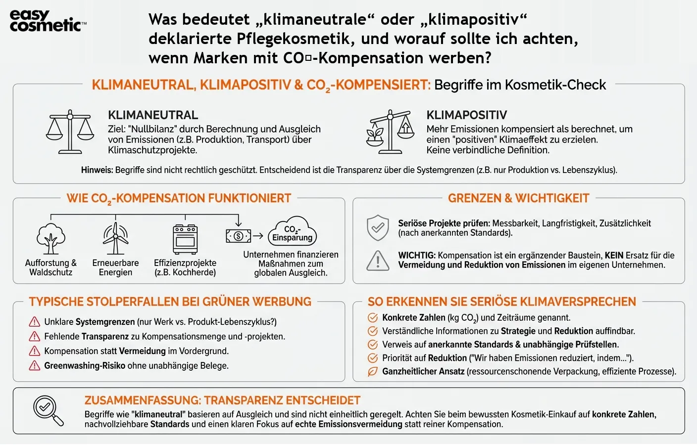 Was bedeutet „klimaneutrale“ oder „klimapositiv“ deklarierte Pflegekosmetik, und worauf sollte ich achten, wenn Marken mit CO₂-Kompensation werben?