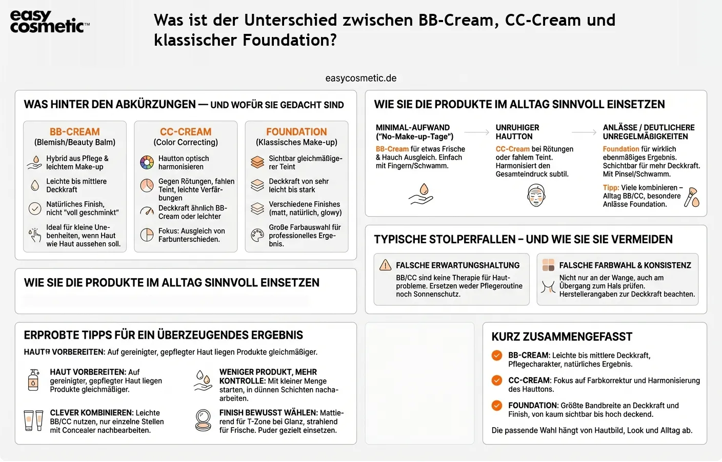 Was ist der Unterschied zwischen BB-Cream, CC-Cream und klassischer Foundation?