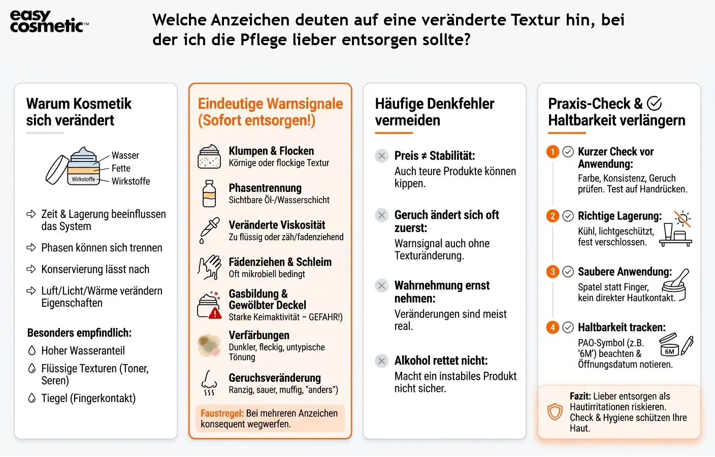 Welche Anzeichen deuten auf eine veränderte Textur hin, bei der ich die Pflege lieber entsorgen sollte?