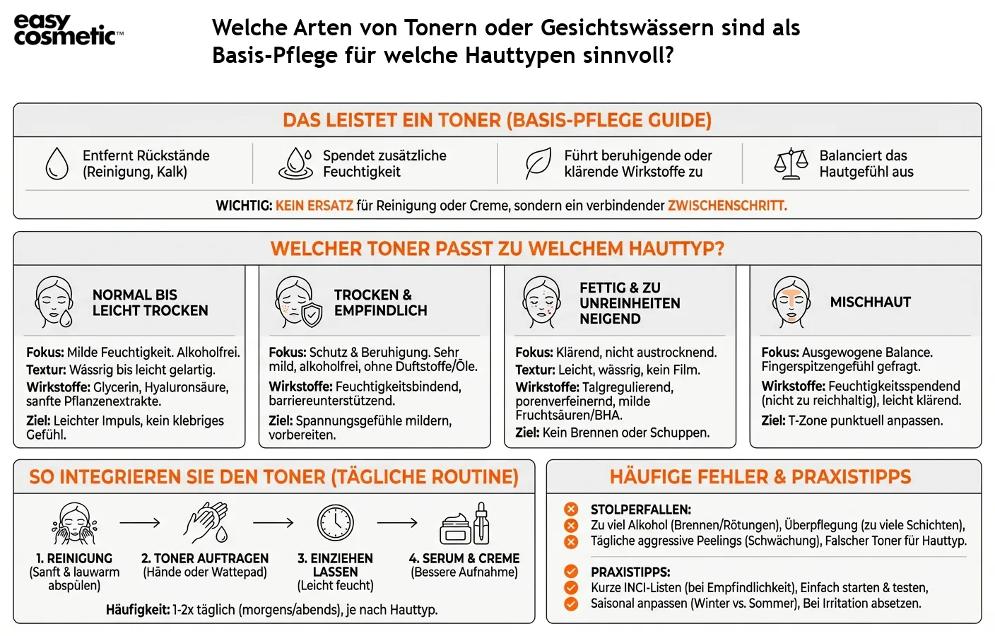 Welche Arten von Tonern oder Gesichtswässern sind als Basis-Pflege für welche Hauttypen sinnvoll?