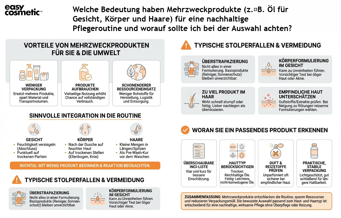 Welche Bedeutung haben Mehrzweckprodukte (z. B. Öl für Gesicht, Körper und Haare) für eine nachhaltige Pflegeroutine und worauf sollte ich bei der Auswahl achten?