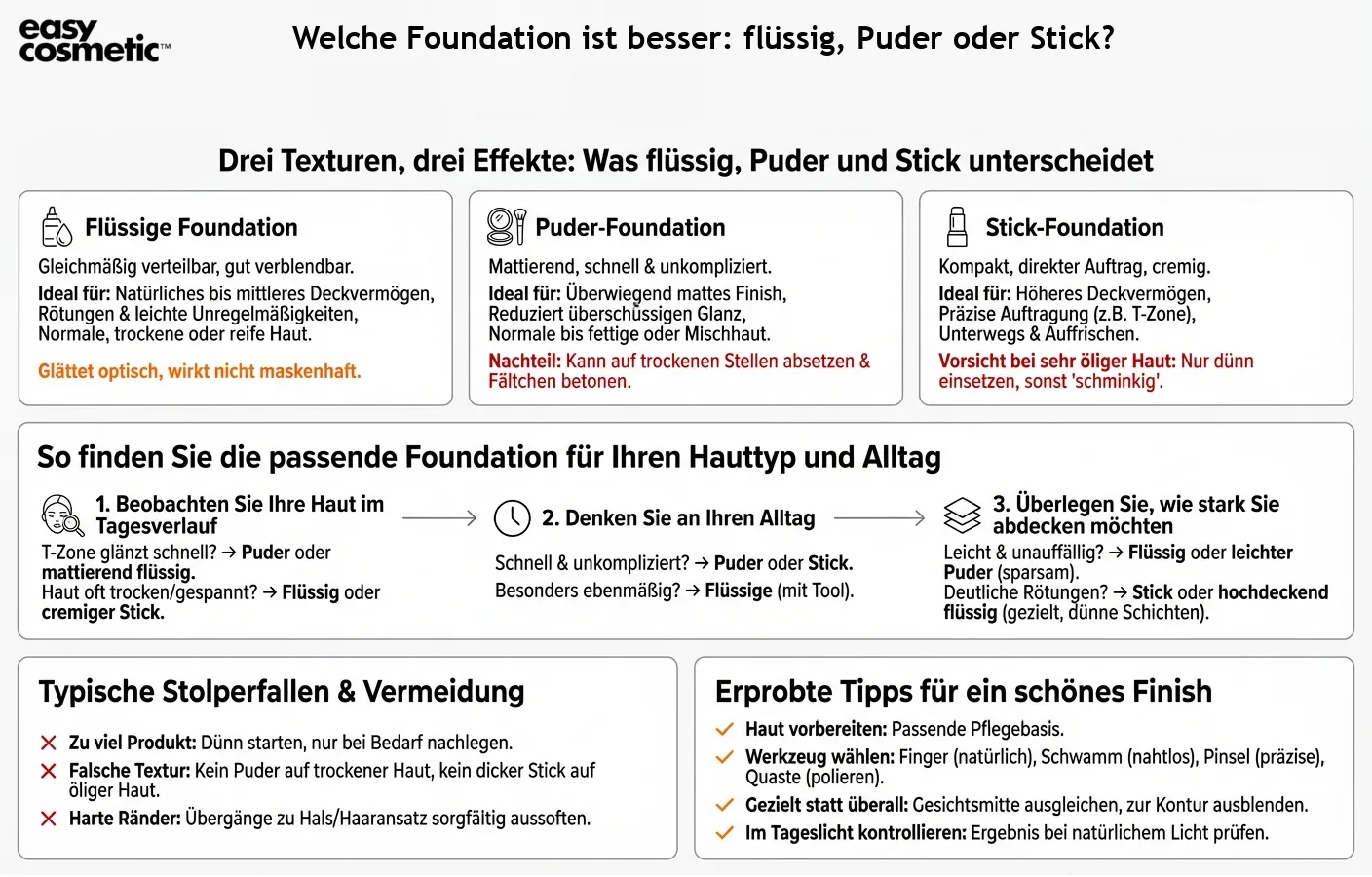 Welche Foundation ist besser: flüssig, Puder oder Stick?