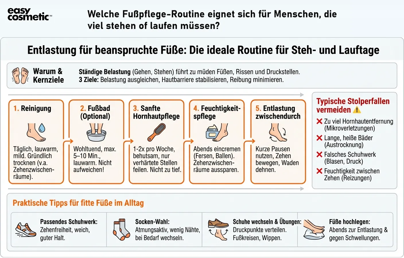 Welche Fußpflege-Routine eignet sich für Menschen, die viel stehen oder laufen müssen?