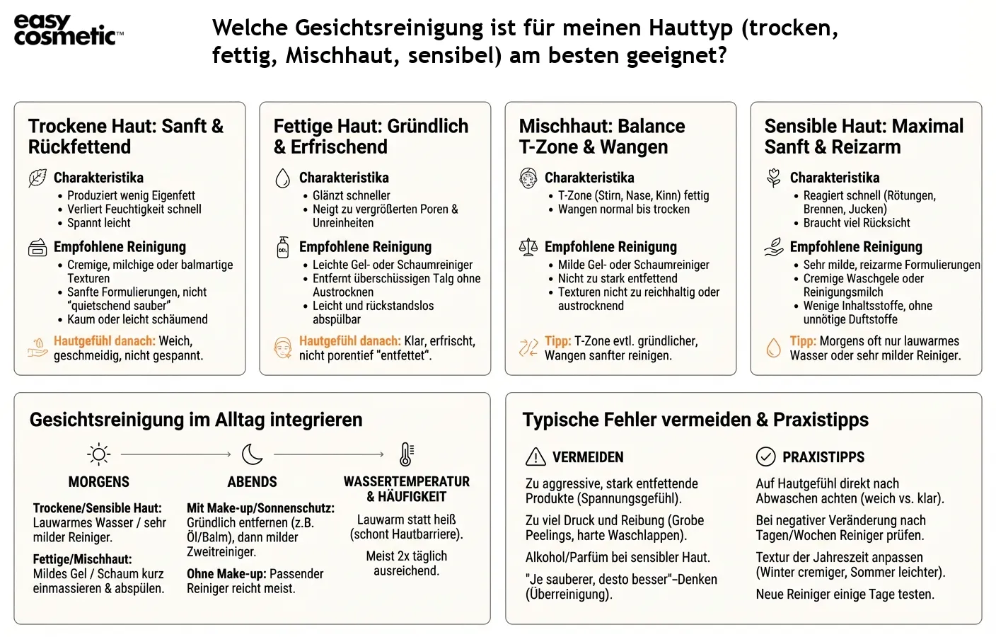 Welche Gesichtsreinigung ist für meinen Hauttyp (trocken, fettig, Mischhaut, sensibel) am besten geeignet?