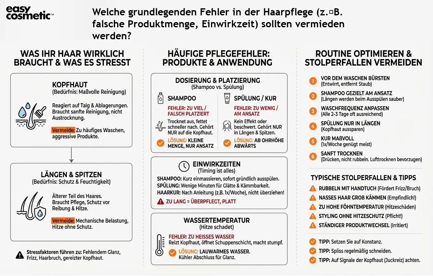 Welche grundlegenden Fehler in der Haarpflege (z. B. falsche Produktmenge, Einwirkzeit) sollten vermieden werden?