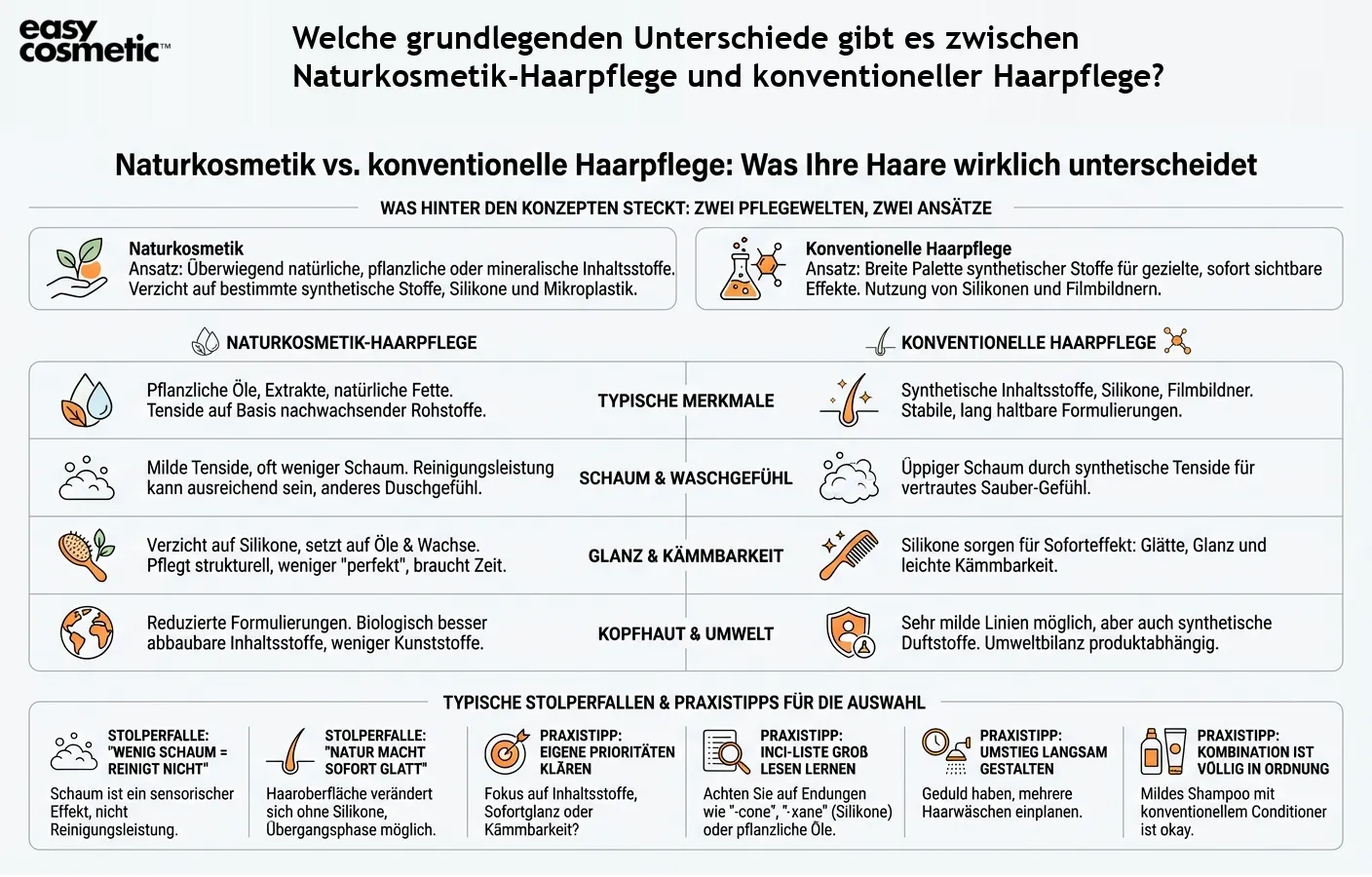 Welche grundlegenden Unterschiede gibt es zwischen Naturkosmetik-Haarpflege und konventioneller Haarpflege?
