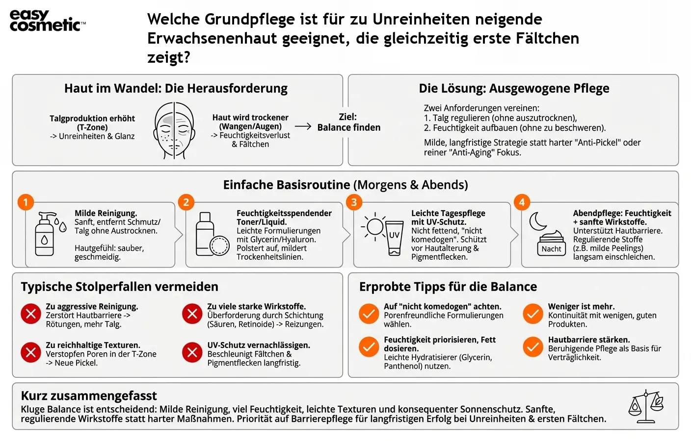 Welche Grundpflege ist für zu Unreinheiten neigende Erwachsenenhaut geeignet, die gleichzeitig erste Fältchen zeigt?