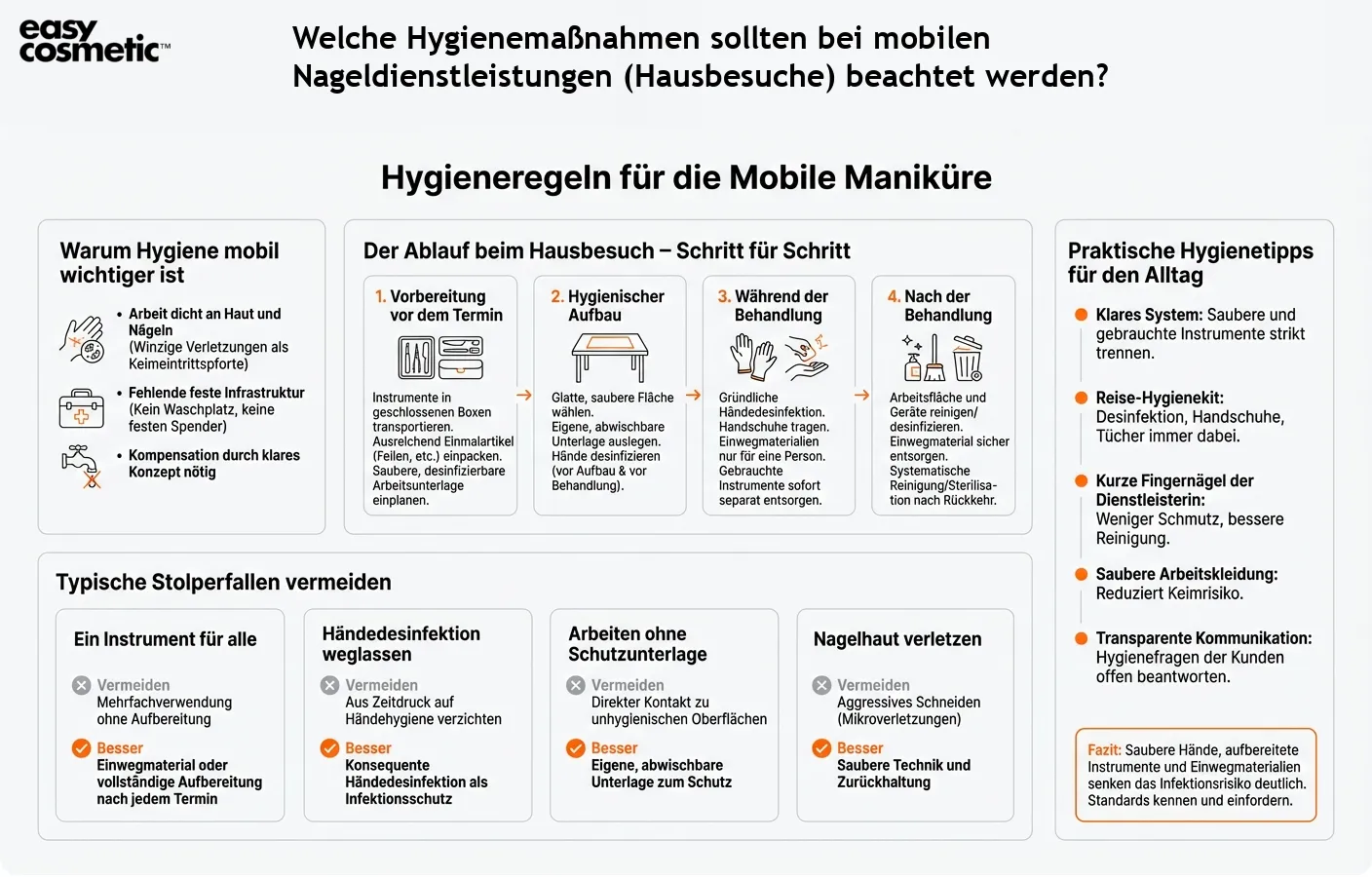Welche Hygienemaßnahmen sollten bei mobilen Nageldienstleistungen (Hausbesuche) beachtet werden?