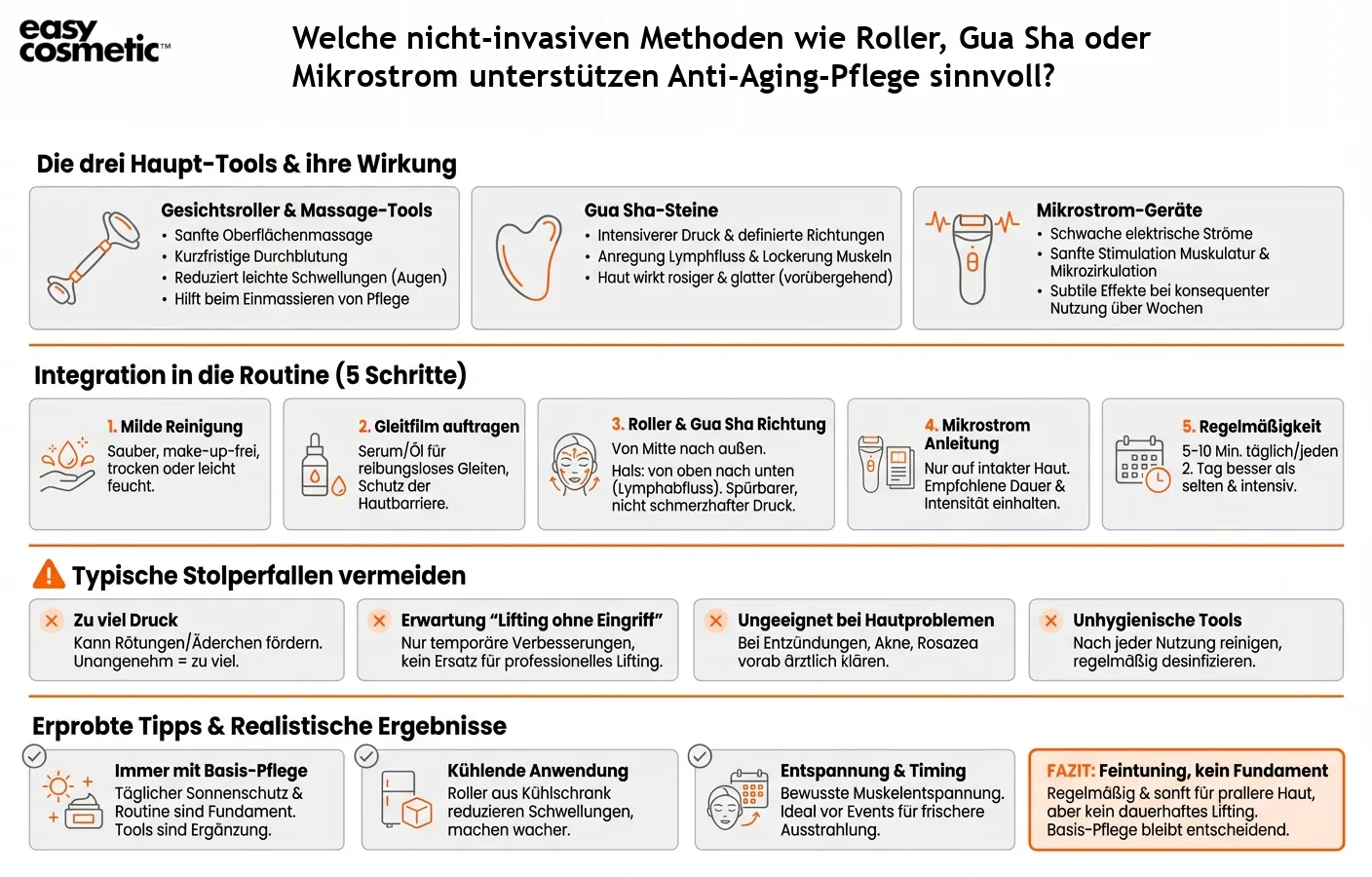 Welche nicht-invasiven Methoden wie Roller, Gua Sha oder Mikrostrom unterstützen Anti-Aging-Pflege sinnvoll?