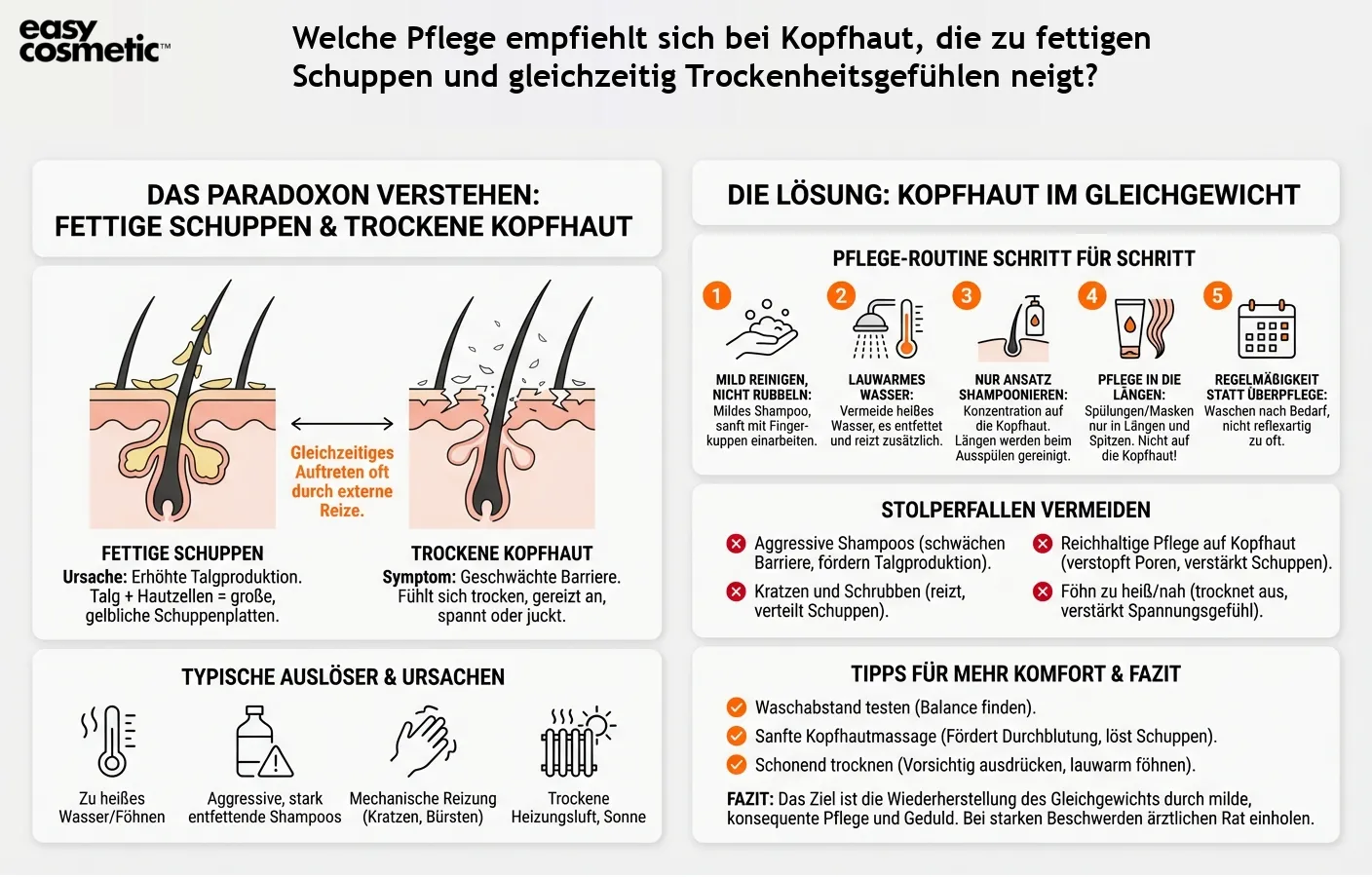 Welche Pflege empfiehlt sich bei Kopfhaut, die zu fettigen Schuppen und gleichzeitig Trockenheitsgefühlen neigt?