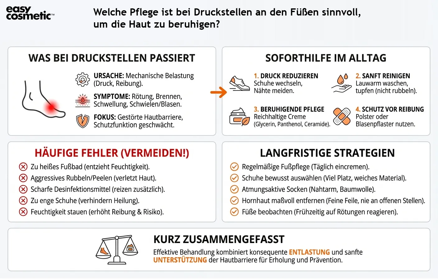 Welche Pflege ist bei Druckstellen an den Füßen sinnvoll, um die Haut zu beruhigen?