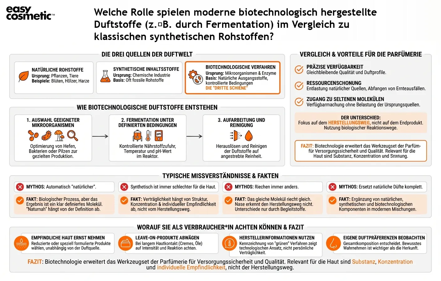 Welche Rolle spielen moderne biotechnologisch hergestellte Duftstoffe (z. B. durch Fermentation) im Vergleich zu klassischen synthetischen Rohstoffen?