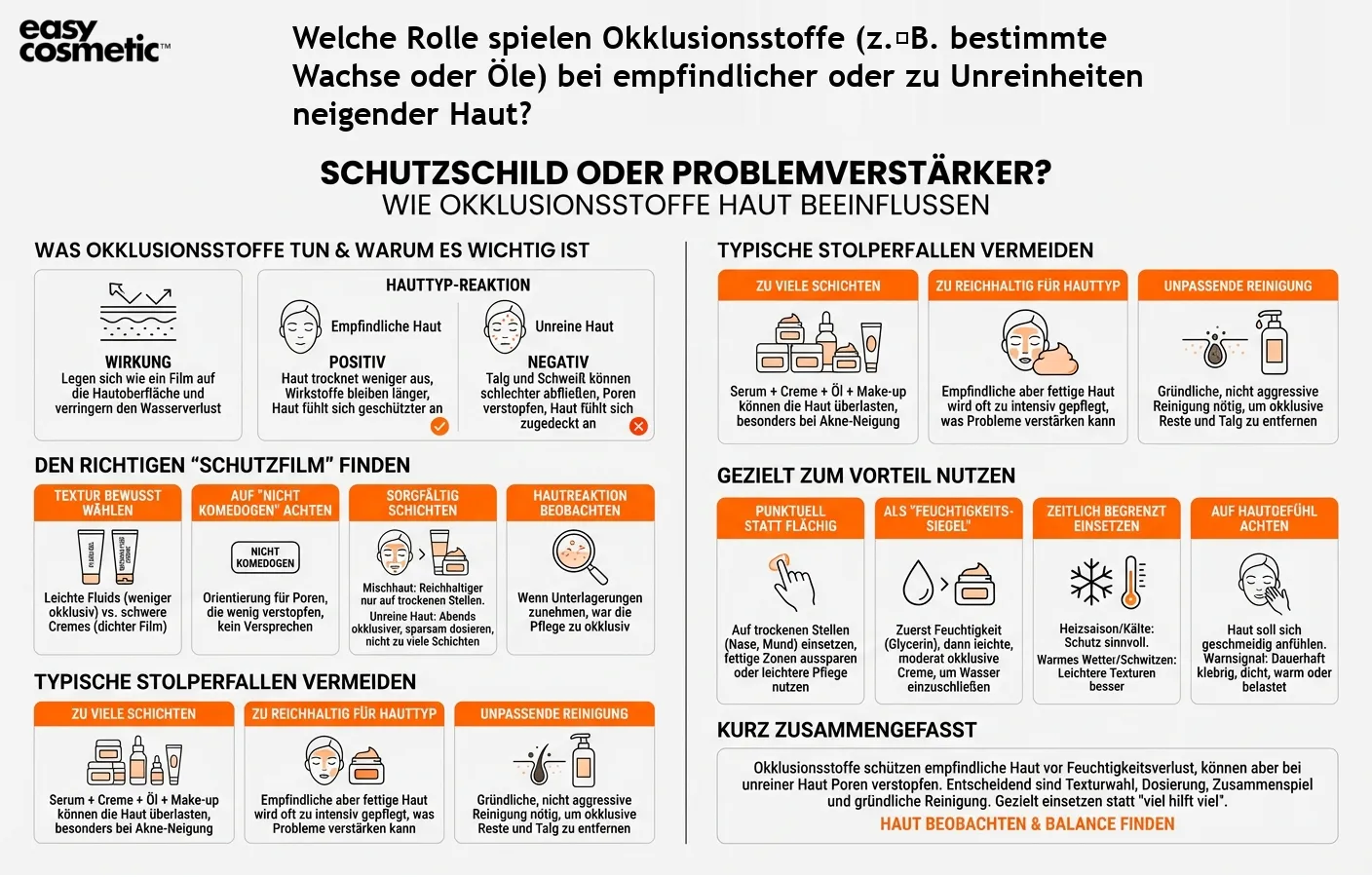 Welche Rolle spielen Okklusionsstoffe (z. B. bestimmte Wachse oder Öle) bei empfindlicher oder zu Unreinheiten neigender Haut?