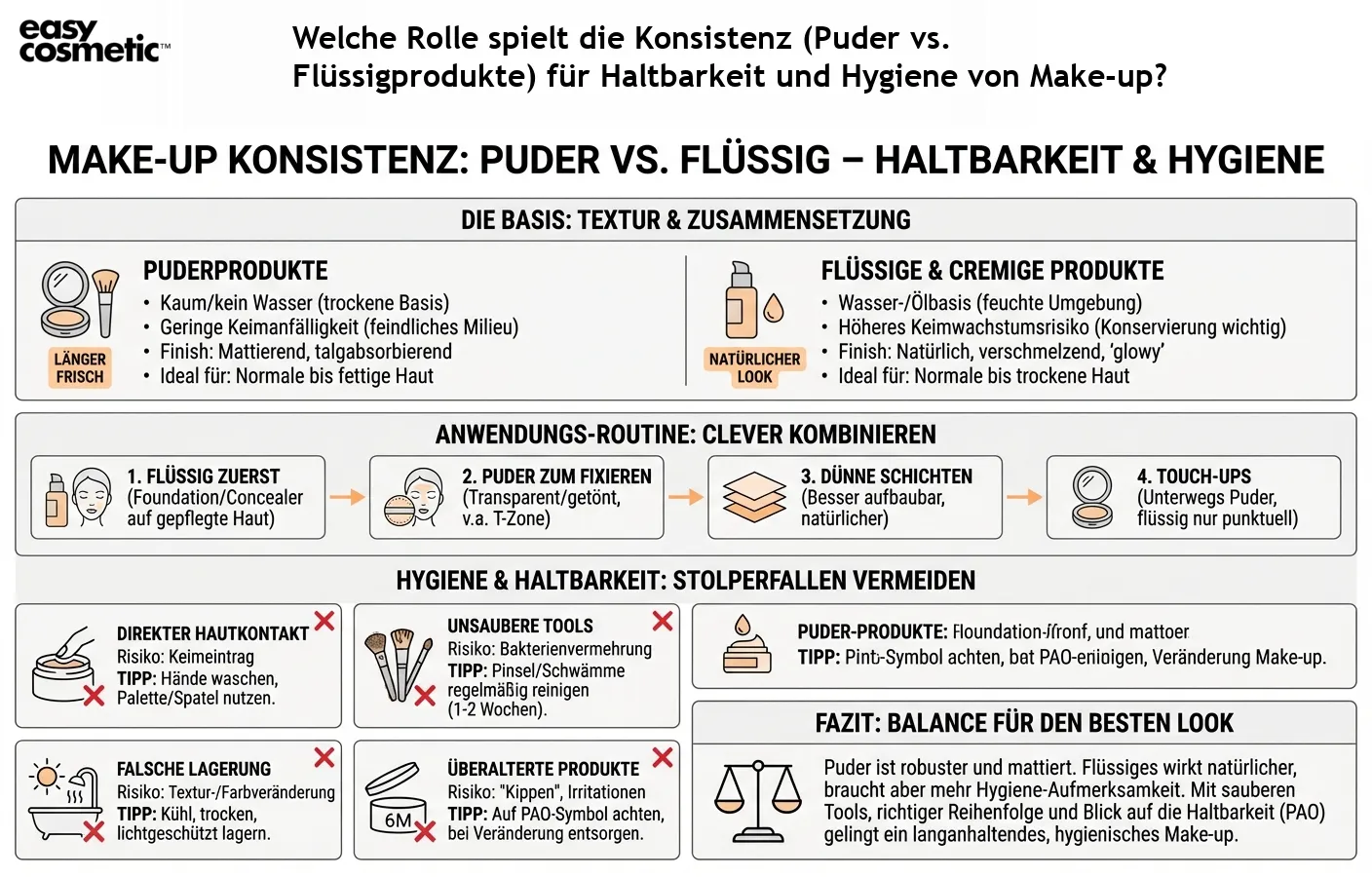 Welche Rolle spielt die Konsistenz (Puder vs. Flüssigprodukte) für Haltbarkeit und Hygiene von Make-up?