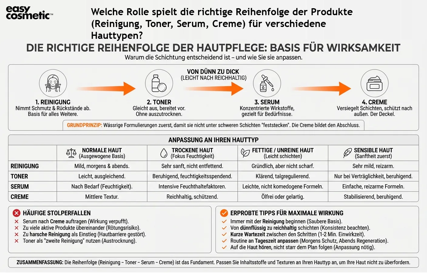 Welche Rolle spielt die richtige Reihenfolge der Produkte (Reinigung, Toner, Serum, Creme) für verschiedene Hauttypen?