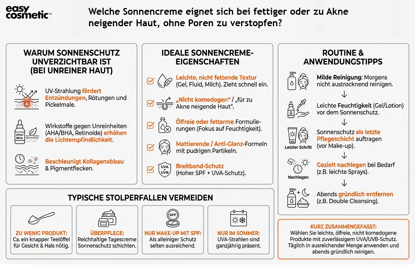 Welche Sonnencreme eignet sich bei fettiger oder zu Akne neigender Haut, ohne Poren zu verstopfen?