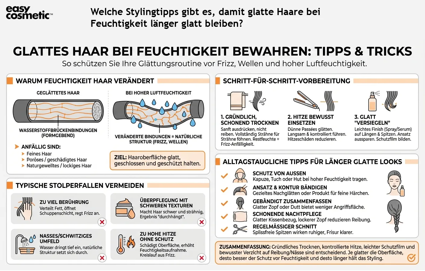 Welche Stylingtipps gibt es, damit glatte Haare bei Feuchtigkeit länger glatt bleiben?