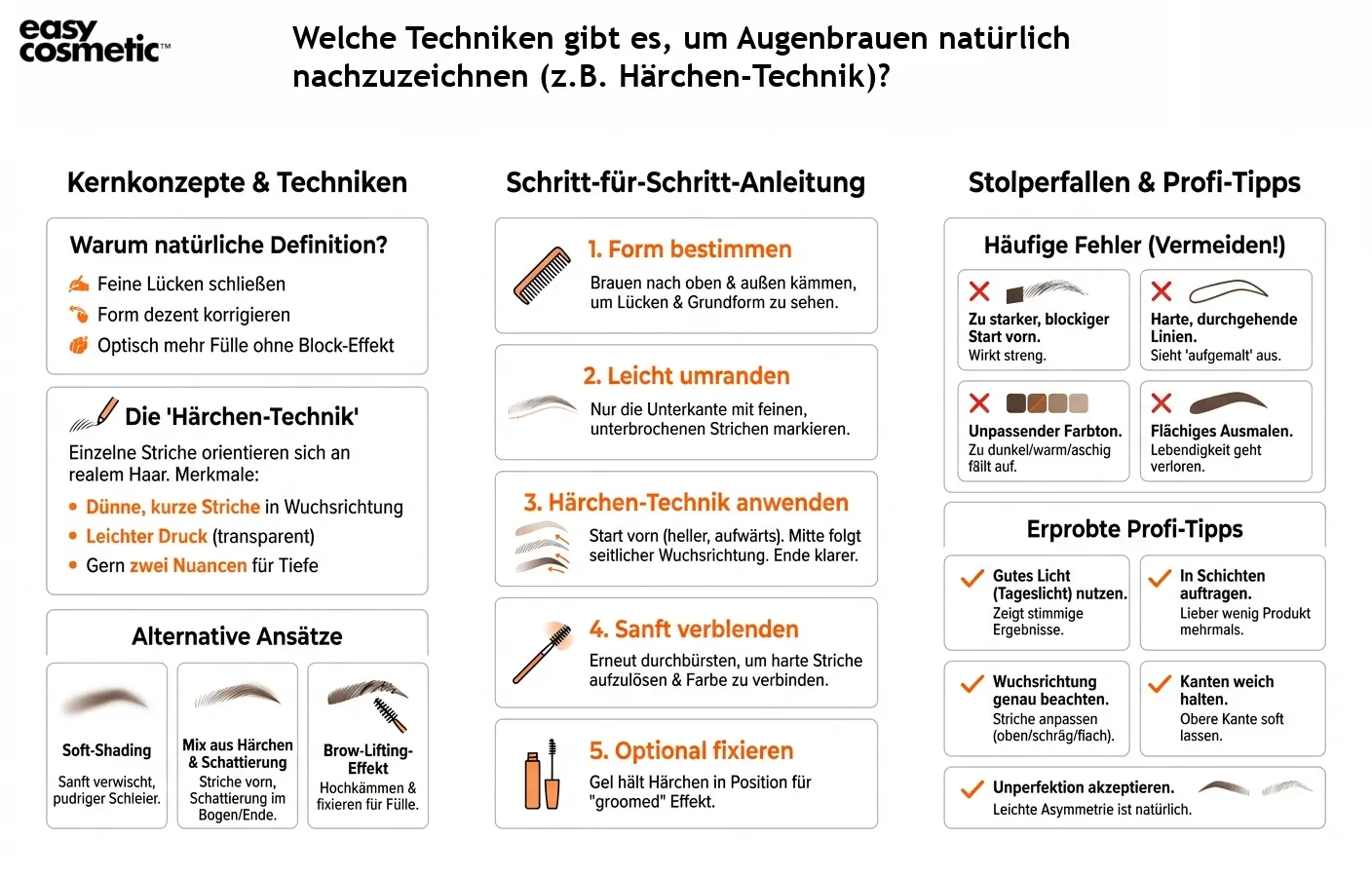 Welche Techniken gibt es, um Augenbrauen natürlich nachzuzeichnen (z.B. Härchen-Technik)?