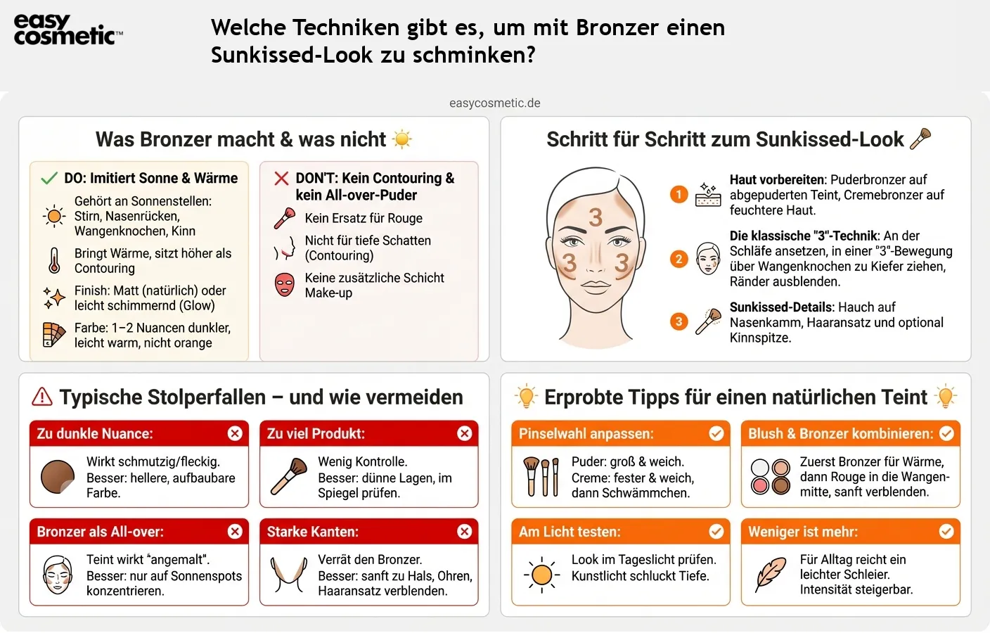 Welche Techniken gibt es, um mit Bronzer einen Sunkissed-Look zu schminken?