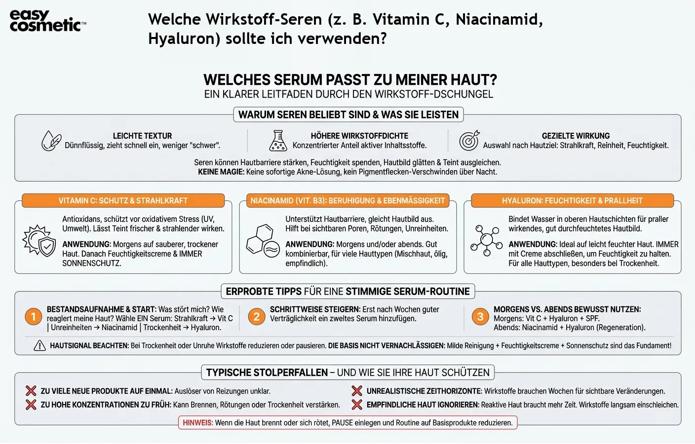 Welche Wirkstoff-Seren (z. B. Vitamin C, Niacinamid, Hyaluron) sollte ich verwenden?