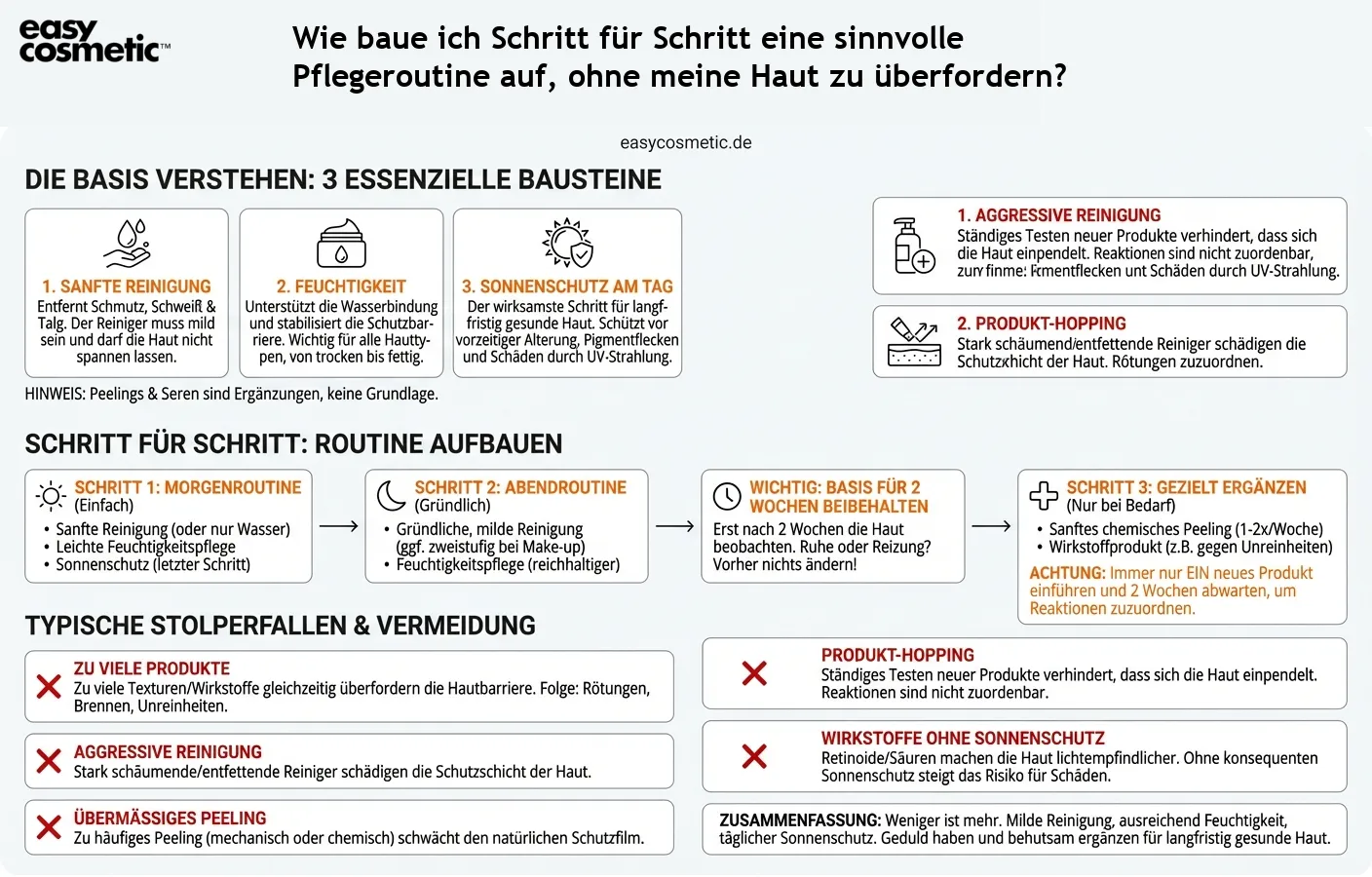 Wie baue ich Schritt für Schritt eine sinnvolle Pflegeroutine auf, ohne meine Haut zu überfordern?