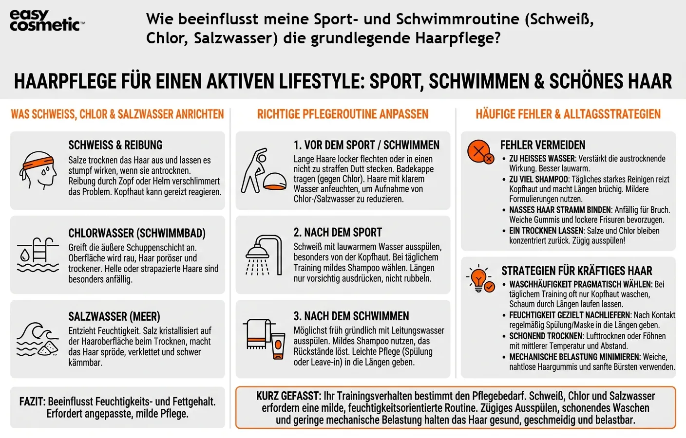 Wie beeinflusst meine Sport- und Schwimmroutine (Schweiß, Chlor, Salzwasser) die grundlegende Haarpflege?