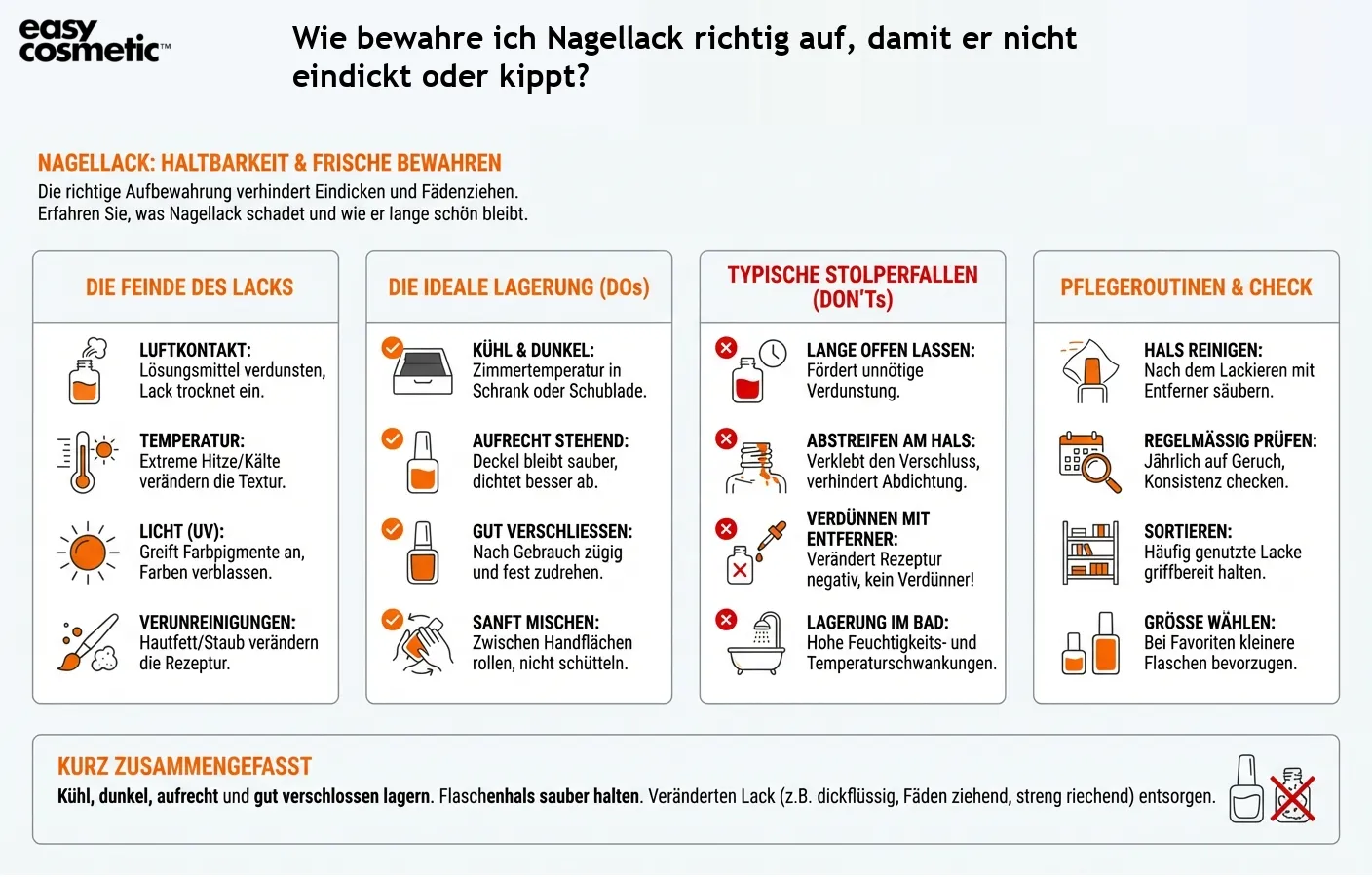 Wie bewahre ich Nagellack richtig auf, damit er nicht eindickt oder kippt?
