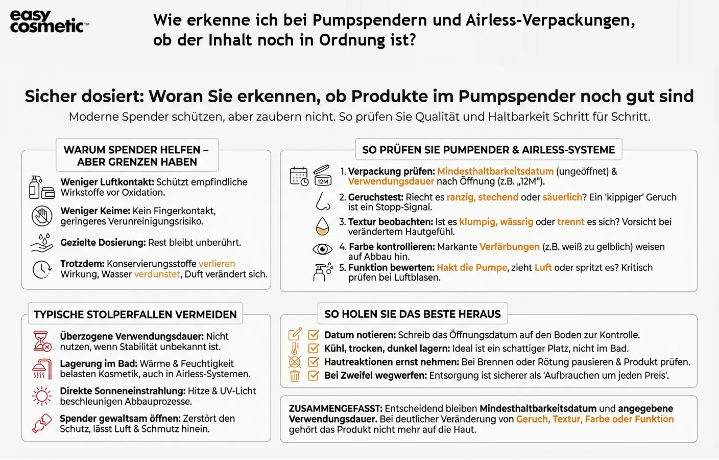 Wie erkenne ich bei Pumpspendern und Airless-Verpackungen, ob der Inhalt noch in Ordnung ist?
