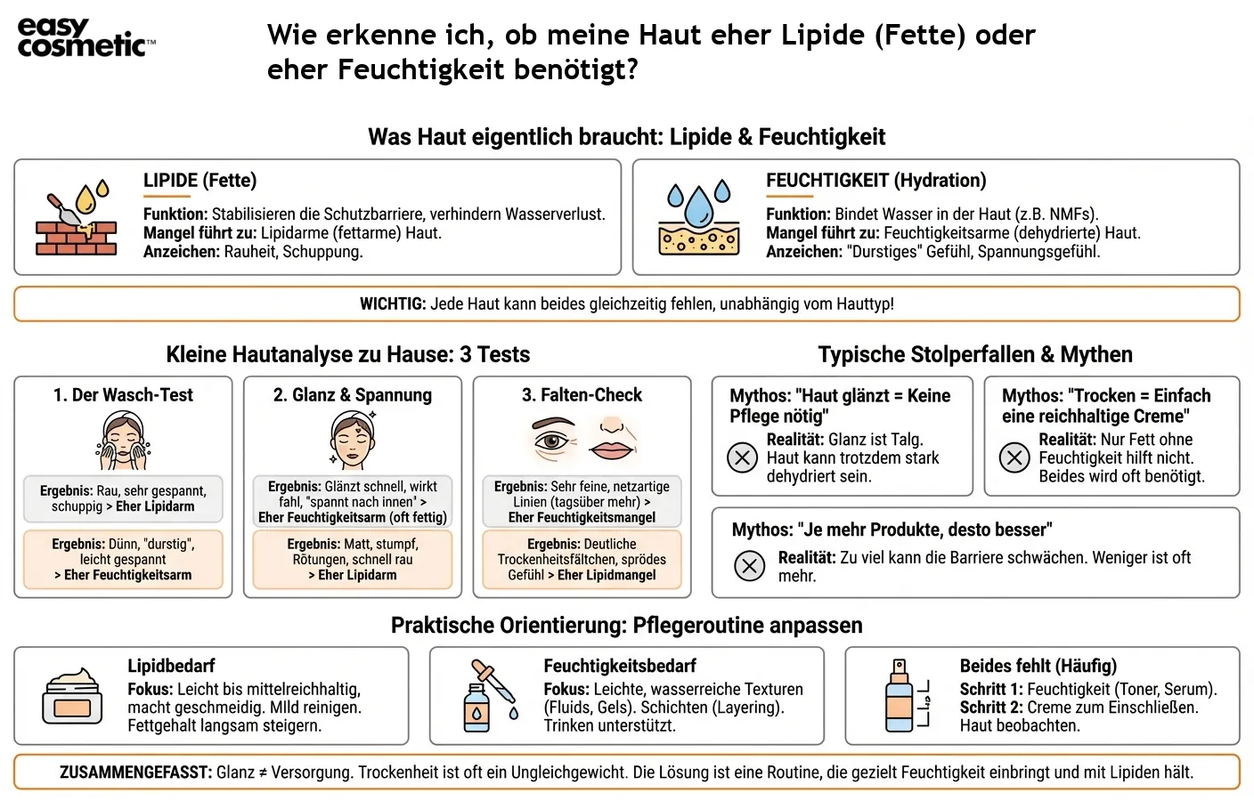 Wie erkenne ich, ob meine Haut eher Lipide (Fette) oder eher Feuchtigkeit benötigt?