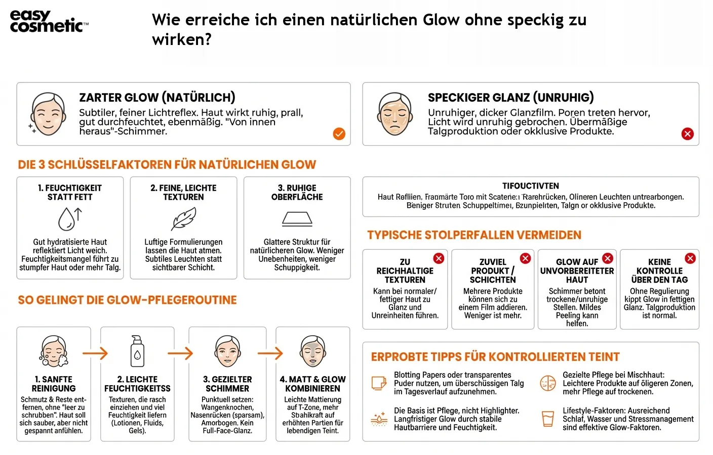 Wie erreiche ich einen natürlichen Glow ohne speckig zu wirken?