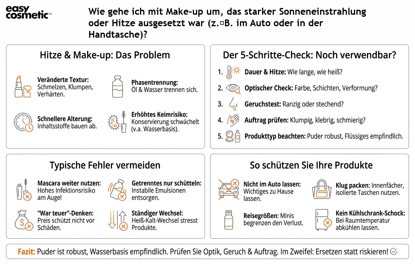 Wie gehe ich mit Make-up um, das starker Sonneneinstrahlung oder Hitze ausgesetzt war (z. B. im Auto oder in der Handtasche)?