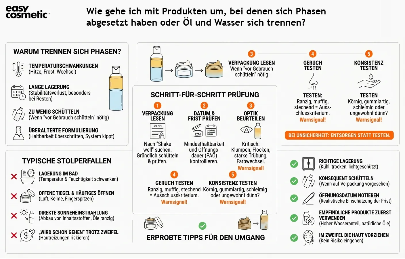 Wie gehe ich mit Produkten um, bei denen sich Phasen abgesetzt haben oder Öl und Wasser sich trennen?