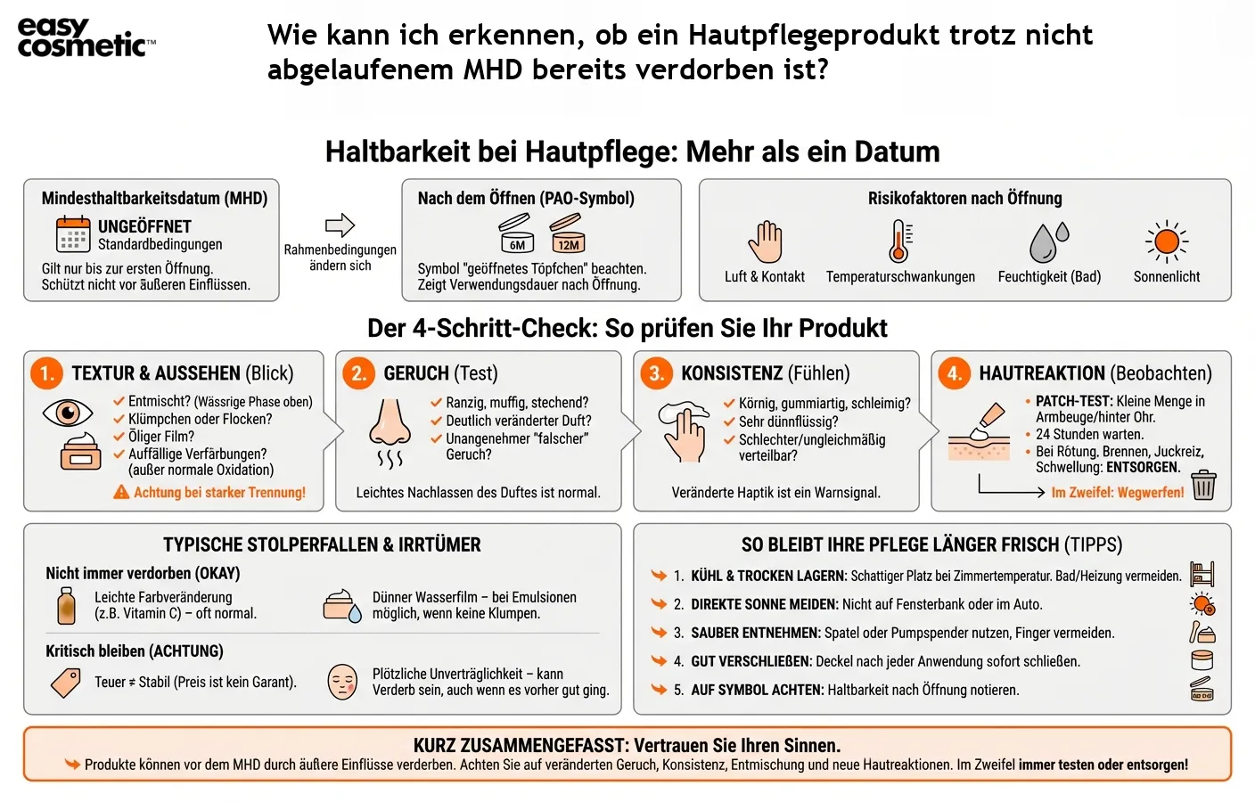 Wie kann ich erkennen, ob ein Hautpflegeprodukt trotz nicht abgelaufenem MHD bereits verdorben ist?