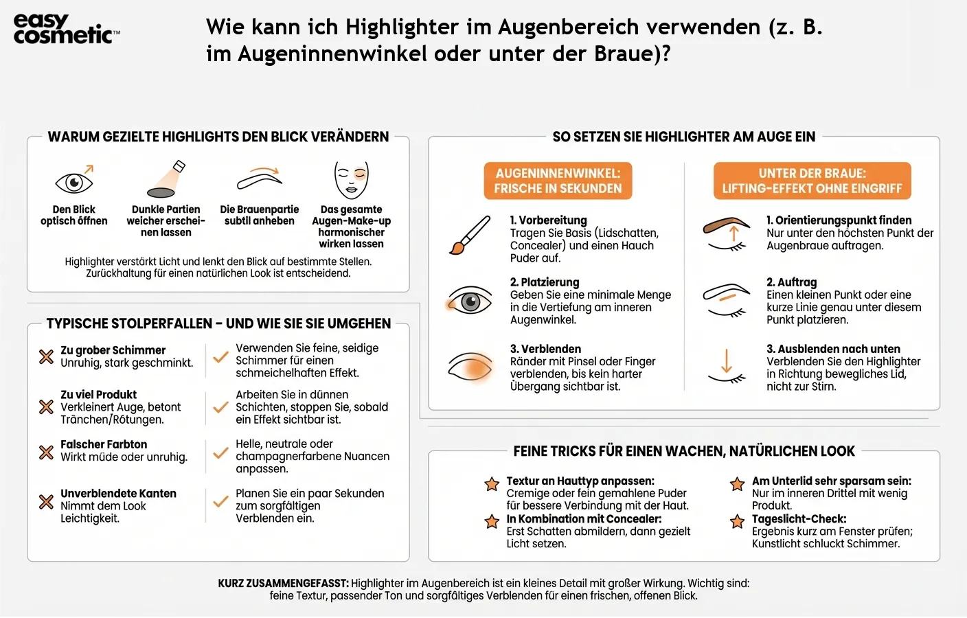 Wie kann ich Highlighter im Augenbereich verwenden (z. B. im Augeninnenwinkel oder unter der Braue)?