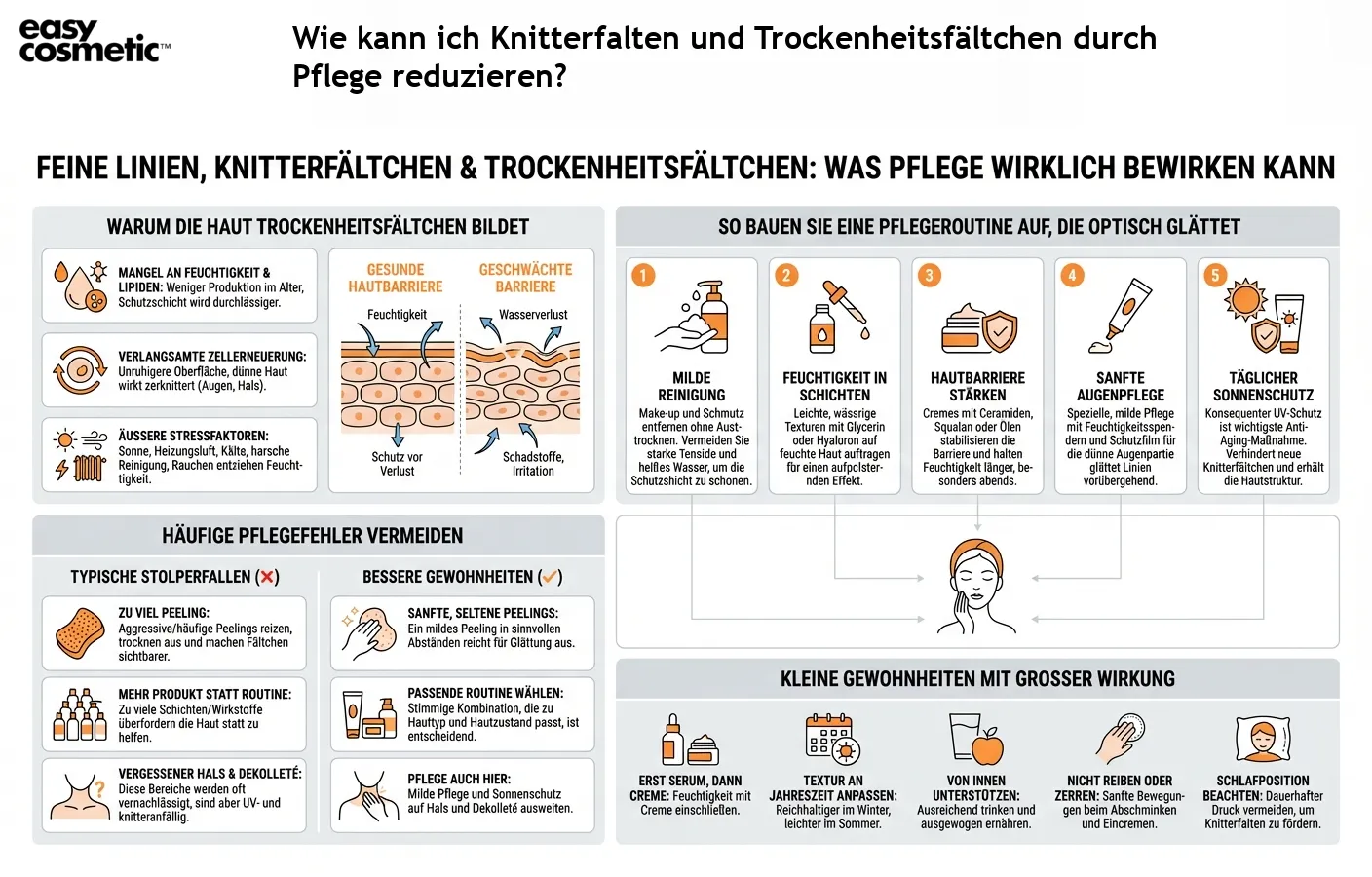 Wie kann ich Knitterfalten und Trockenheitsfältchen durch Pflege reduzieren?