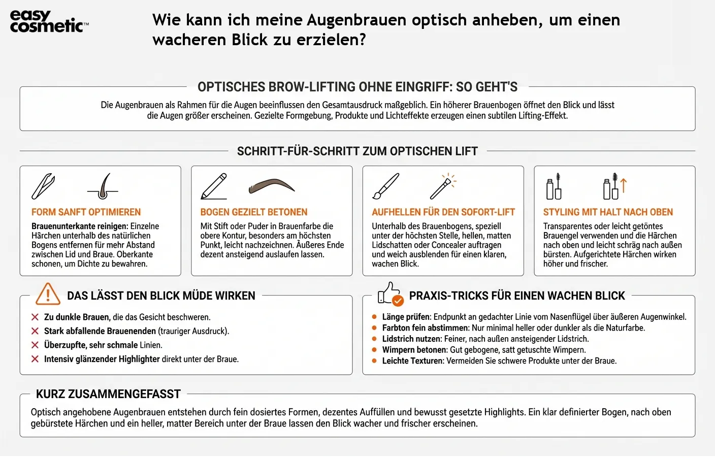 Wie kann ich meine Augenbrauen optisch anheben, um einen wacheren Blick zu erzielen?