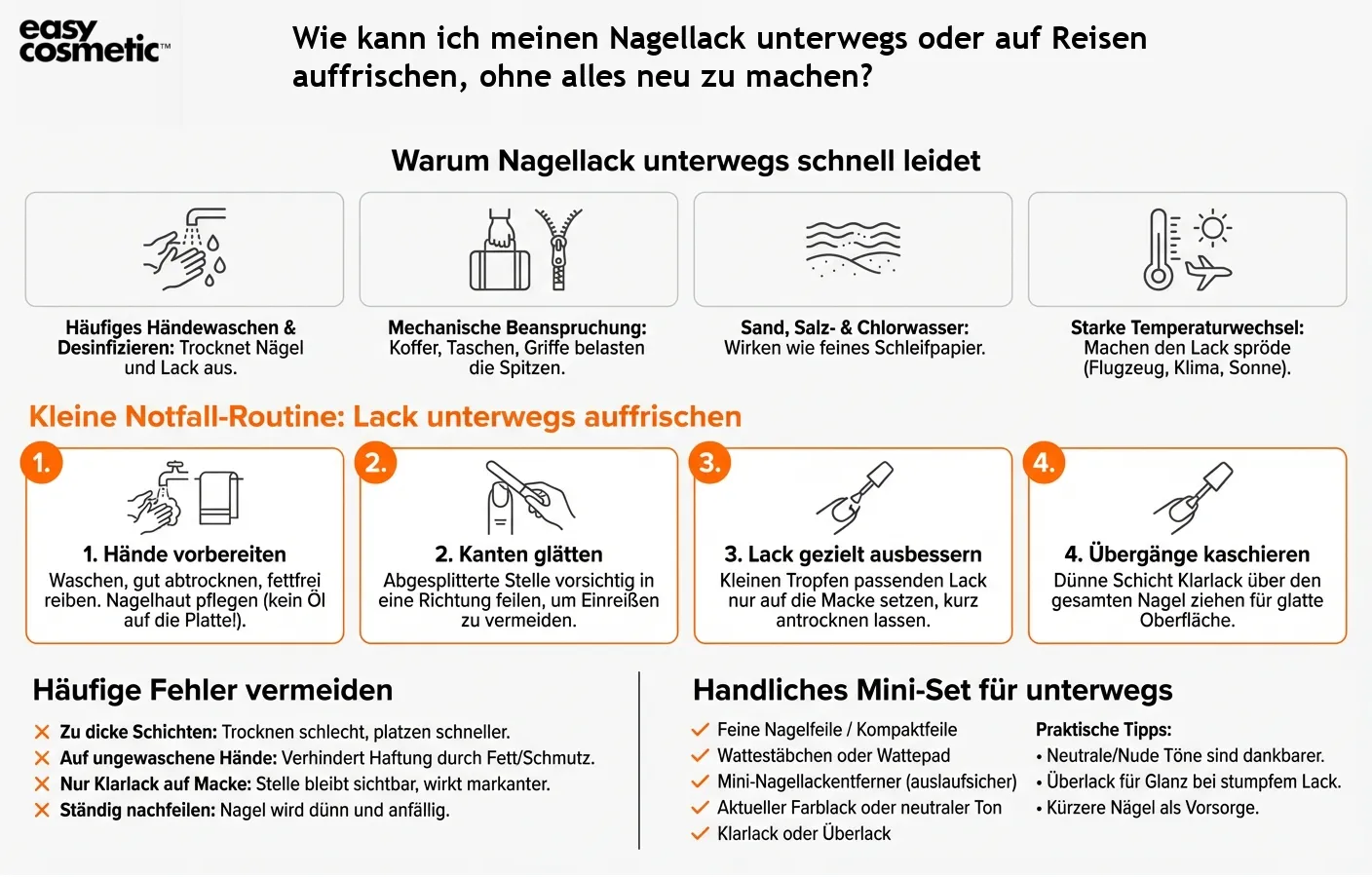Wie kann ich meinen Nagellack unterwegs oder auf Reisen auffrischen, ohne alles neu zu machen?