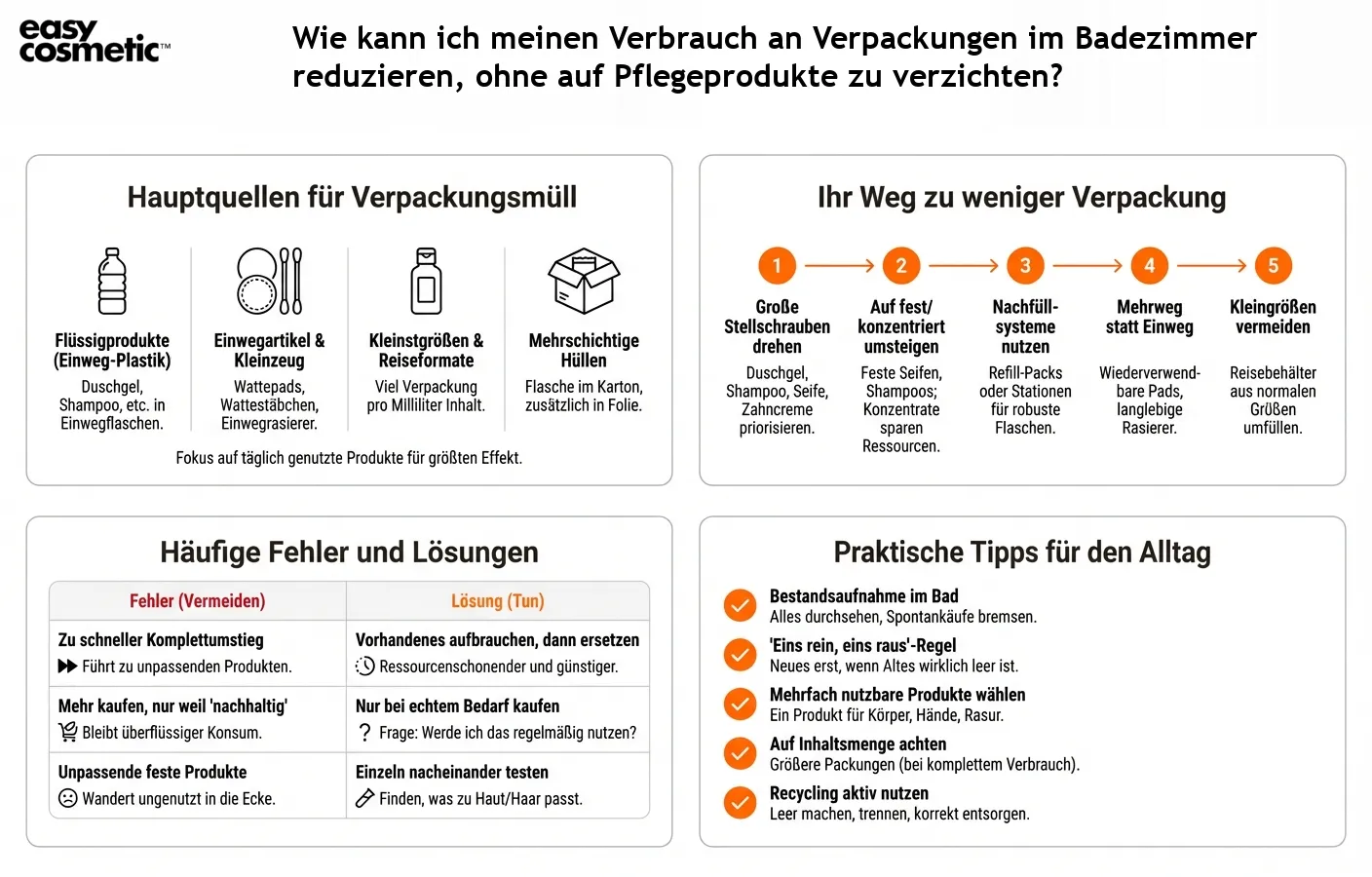 Wie kann ich meinen Verbrauch an Verpackungen im Badezimmer reduzieren, ohne auf Pflegeprodukte zu verzichten?