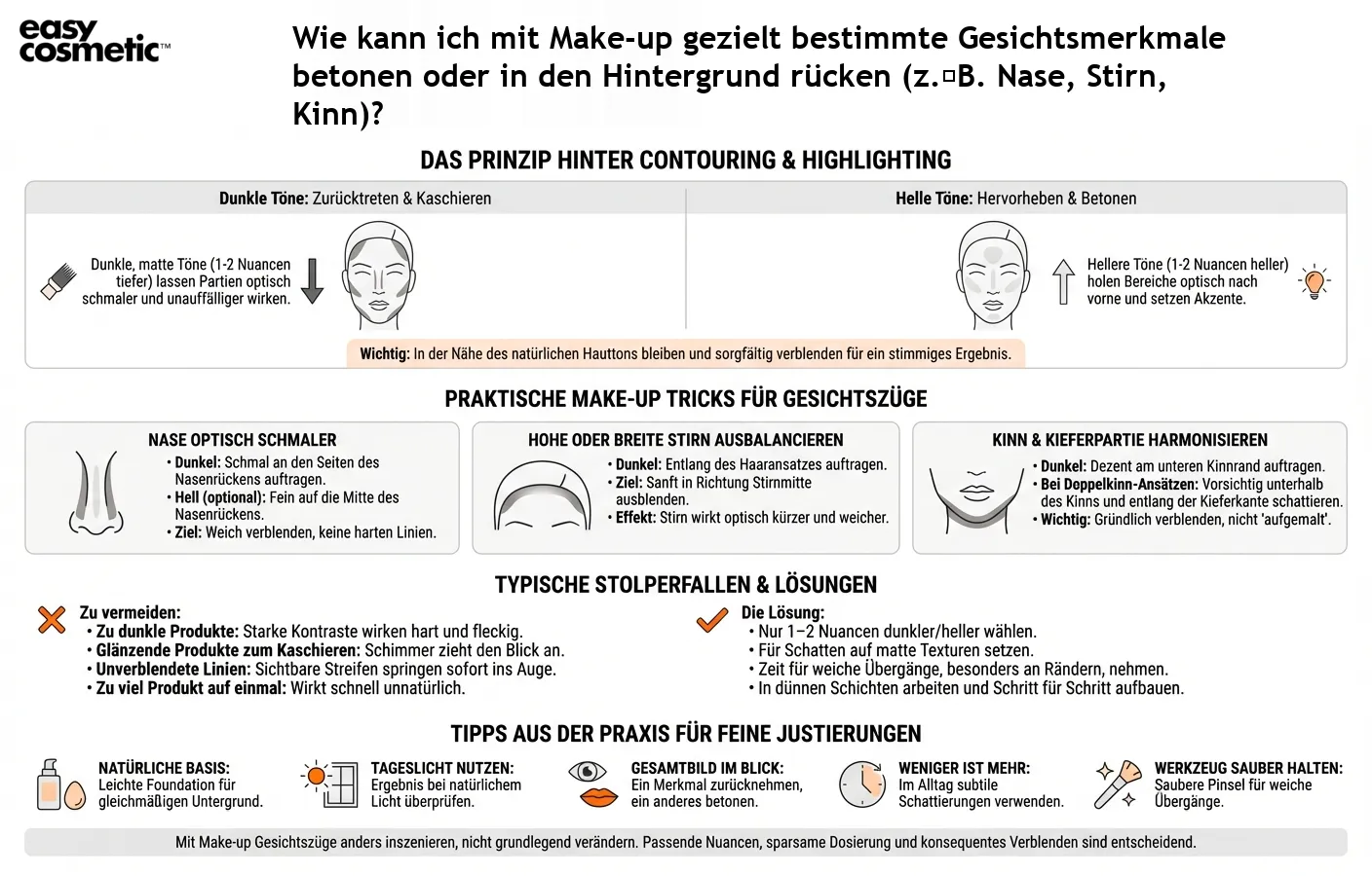 Wie kann ich mit Make-up gezielt bestimmte Gesichtsmerkmale betonen oder in den Hintergrund rücken (z. B. Nase, Stirn, Kinn)?
