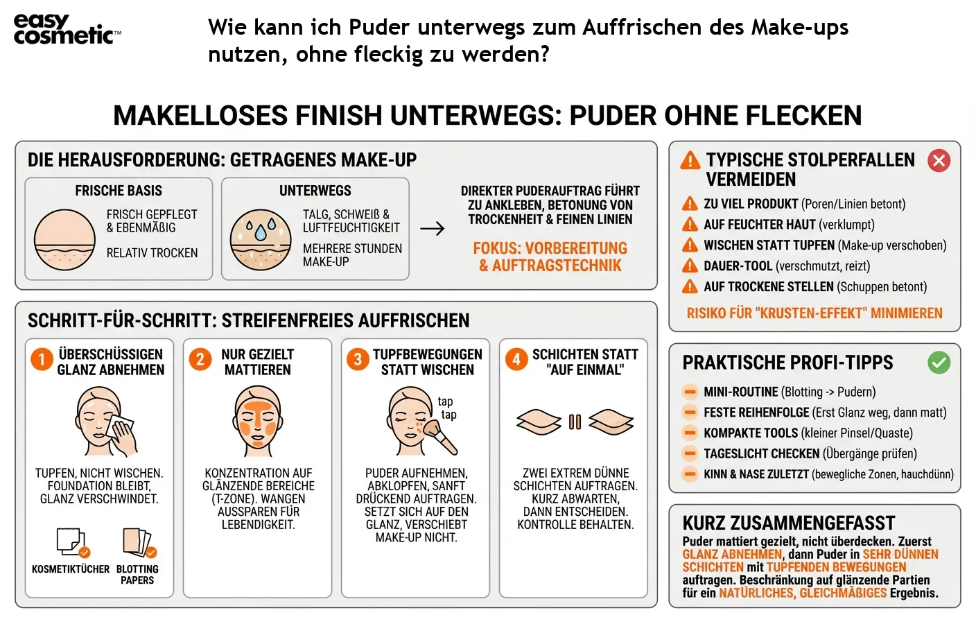Wie kann ich Puder unterwegs zum Auffrischen des Make-ups nutzen, ohne fleckig zu werden?