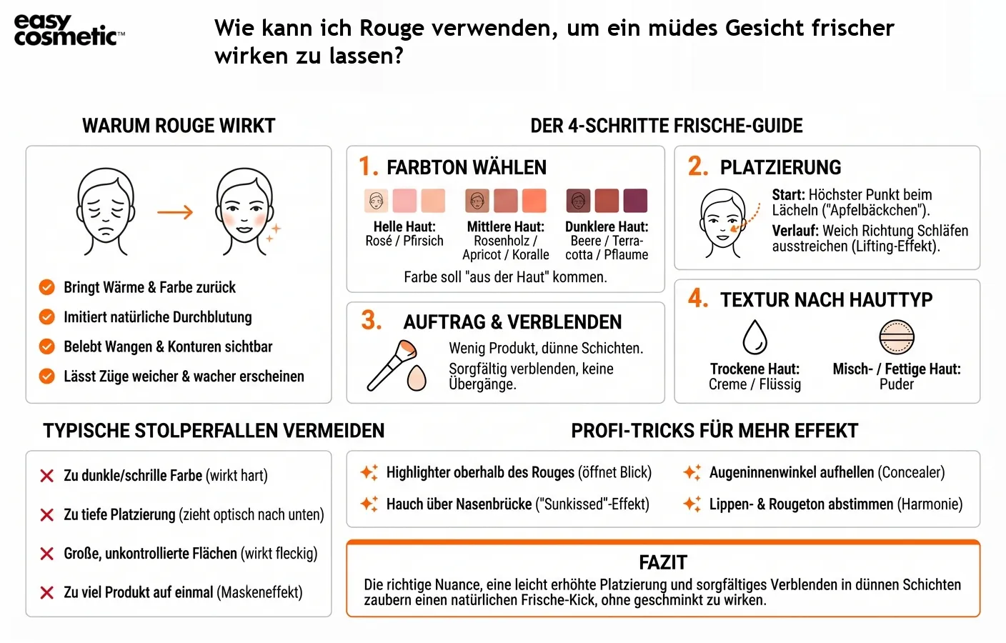 Wie kann ich Rouge verwenden, um ein müdes Gesicht frischer wirken zu lassen?