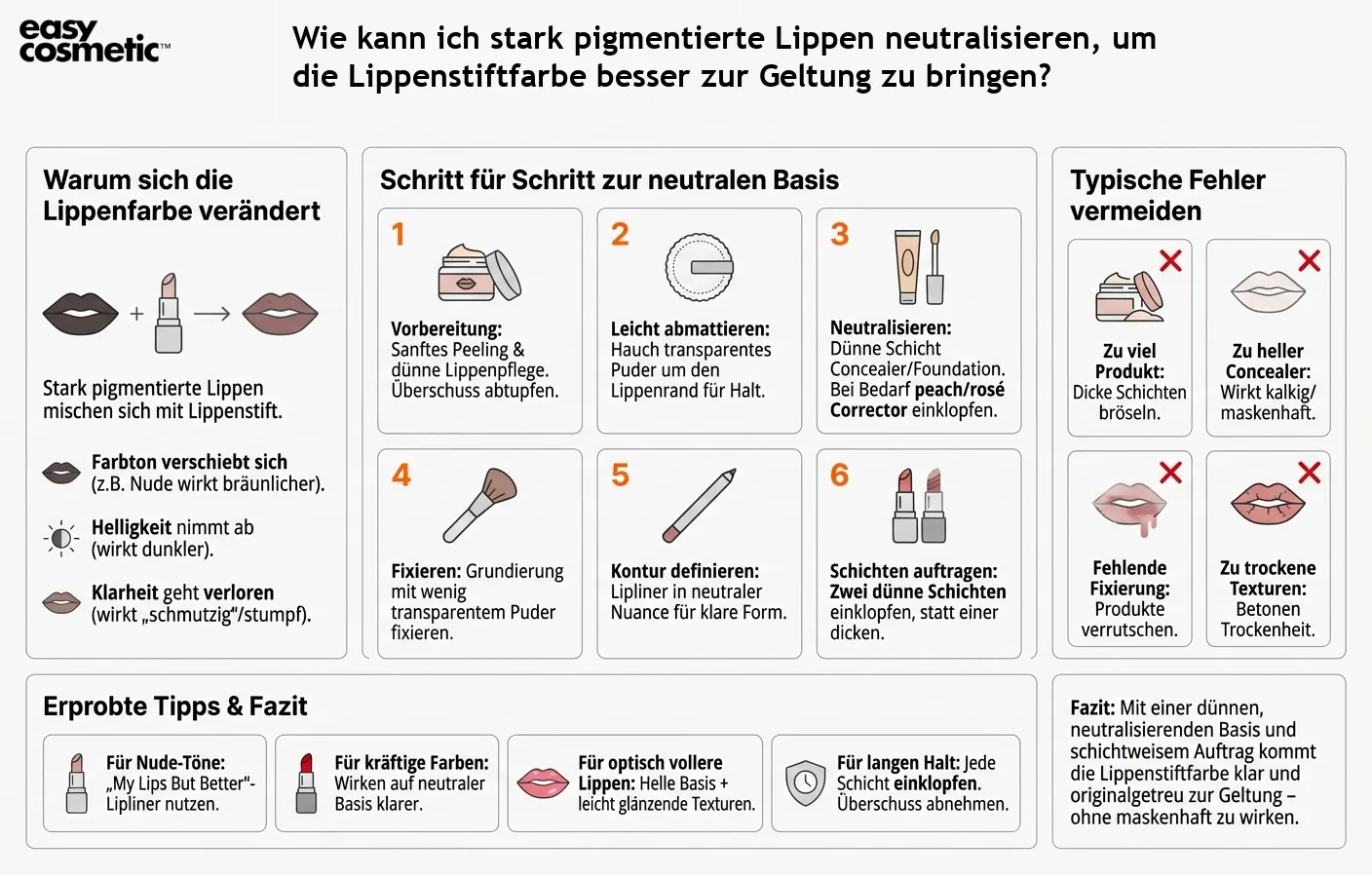 Wie kann ich stark pigmentierte Lippen neutralisieren, um die Lippenstiftfarbe besser zur Geltung zu bringen?