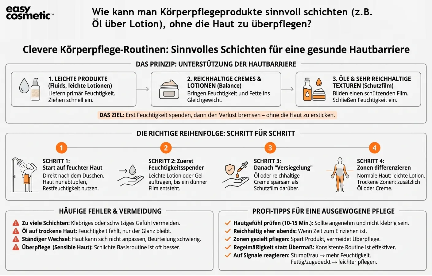 Wie kann man Körperpflegeprodukte sinnvoll schichten (z.B. Öl über Lotion), ohne die Haut zu überpflegen?