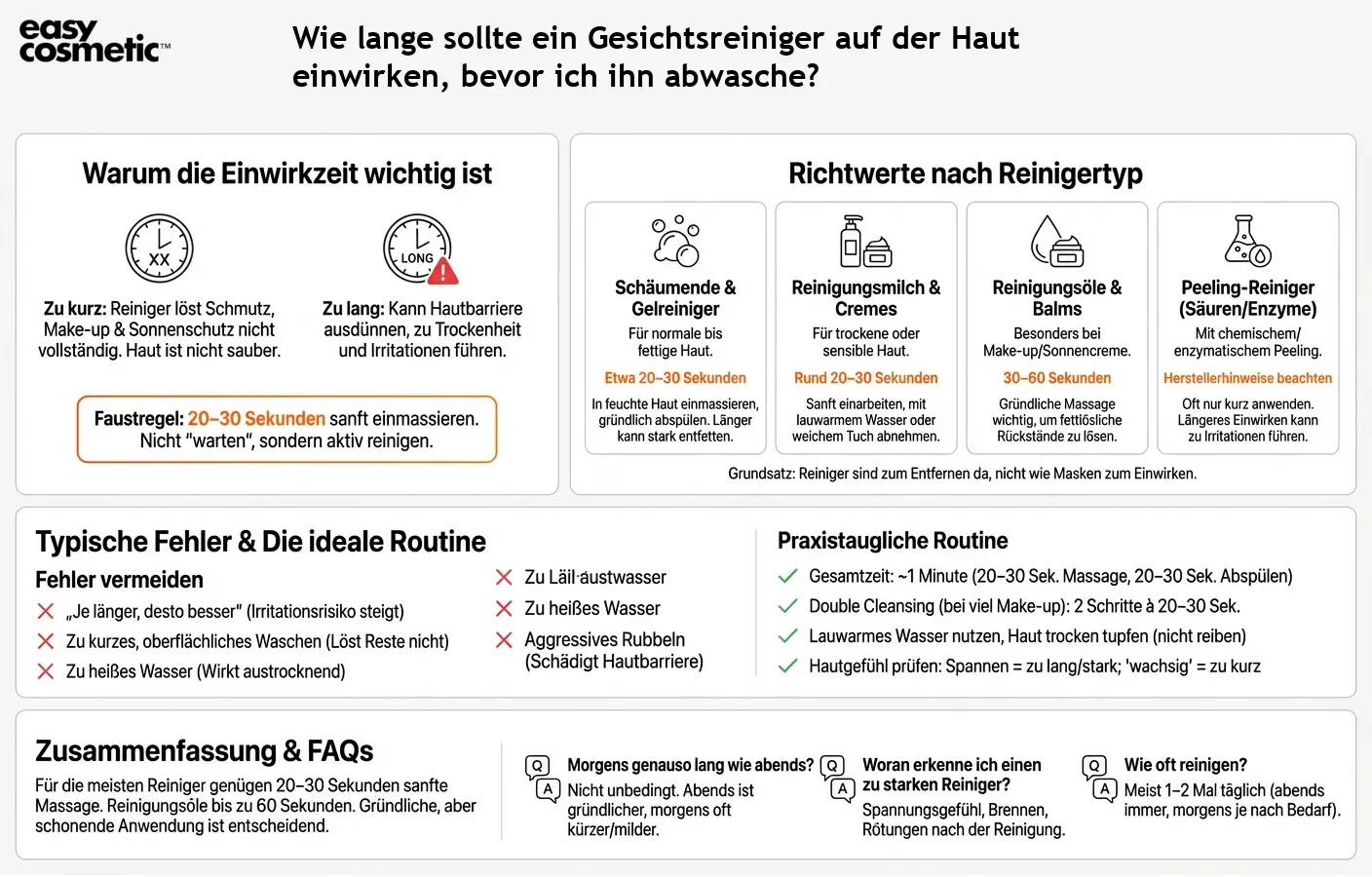 Wie lange sollte ein Gesichtsreiniger auf der Haut einwirken, bevor ich ihn abwasche?