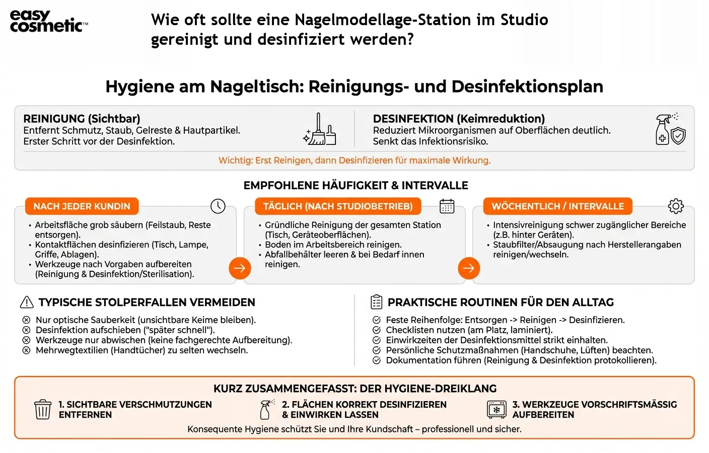 Wie oft sollte eine Nagelmodellage-Station im Studio gereinigt und desinfiziert werden?